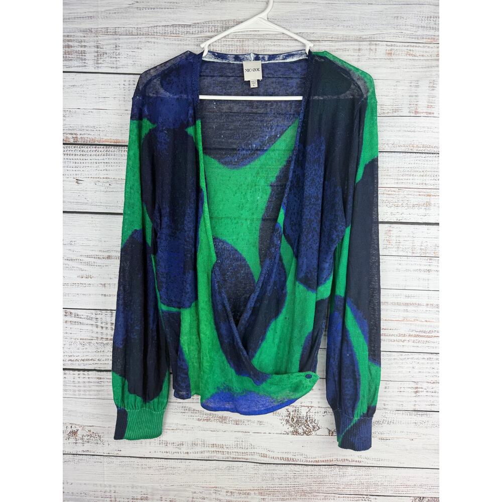 Nic + Zoe Blue Green Linen Wrap Top Large Art to Wear Boho Coastal Resort Beachy
